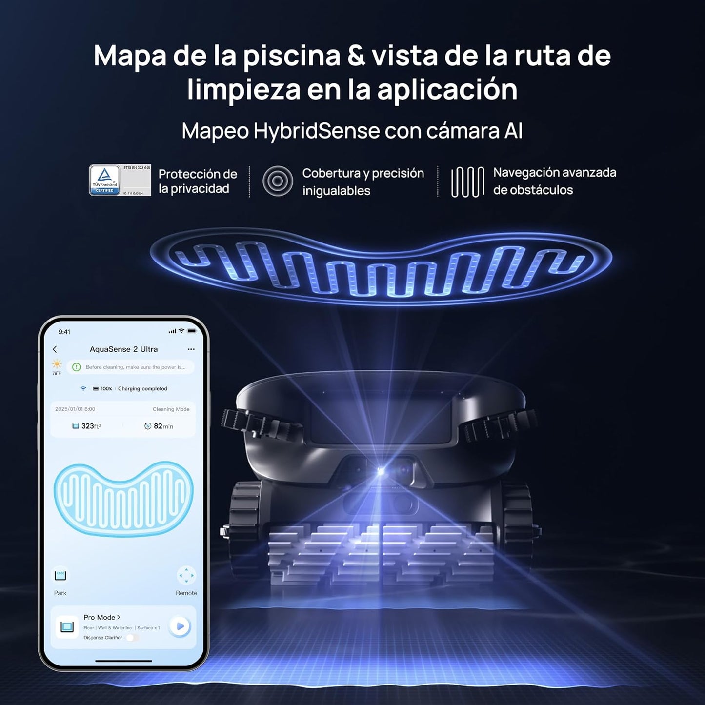 Robotic limpiafondos inalámbrico, Mapeo HybridSense AI, Limpieza Completa 5 en 1