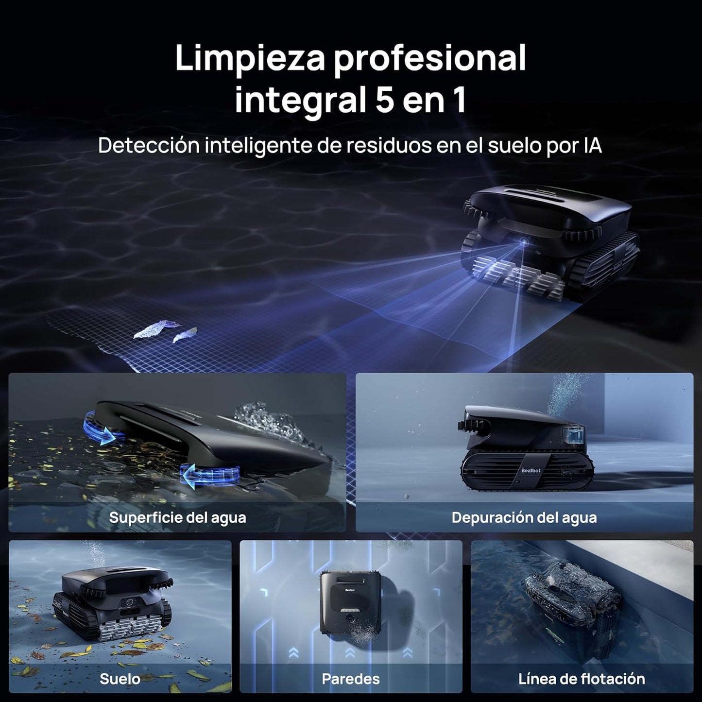 Robotic limpiafondos inalámbrico, Mapeo HybridSense AI, Limpieza Completa 5 en 1